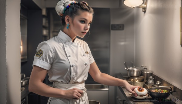 1girl,solo,breasts,short hair,blue eyes,shirt,black hair,hat,holding,jewelry,closed mouth,white shirt,upper body,short sleeves,earrings,food,indoors,hair bun,blurry,apron,lips,double bun,makeup,buttons,blurry background,single hair bun,waist apron,plate,realistic,red lips,double-breasted,egg,cooking,kitchen,frying pan,chef hat,egg (food),fried egg,chef,stove,hair ornament,dress,uniform,nose,badge,hair pulled back,sink