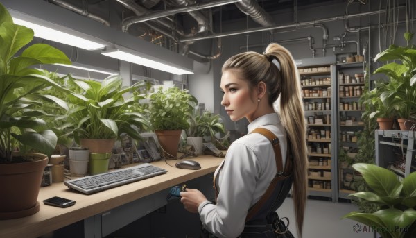 1girl,solo,long hair,blonde hair,brown hair,shirt,long sleeves,holding,brown eyes,jewelry,white shirt,upper body,ponytail,earrings,indoors,apron,cup,lips,book,window,profile,phone,cellphone,plant,smartphone,aircraft,bookshelf,stud earrings,potted plant,computer,shelf,keyboard (computer),counter,looking at viewer,smile,closed mouth,collared shirt,signature,from behind,from side,leaf,high ponytail,scenery,pink lips,realistic,nose,hair tie,clock,pen,lamp,cable,monitor,blinds