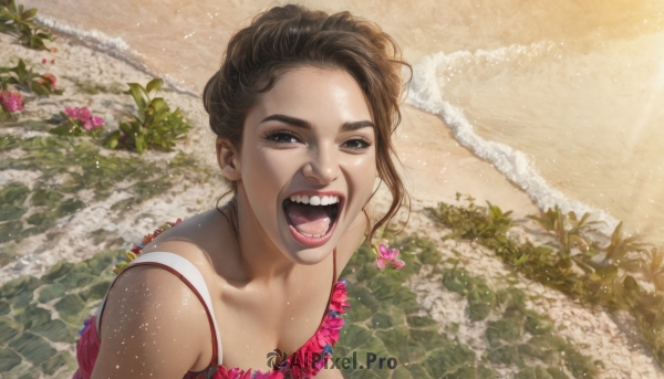 1girl,solo,breasts,looking at viewer,smile,open mouth,brown hair,dress,cleavage,bare shoulders,brown eyes,collarbone,upper body,flower,small breasts,outdoors,teeth,day,tongue,dark skin,water,dark-skinned female,lips,beach,sunlight,plant,tan,realistic,nose,sand,short hair,black hair,black eyes,ocean,from above,grass,pink flower,camisole,spaghetti strap,waves,uvula