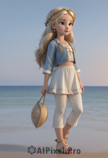 1girl,solo,long hair,blue eyes,skirt,blonde hair,shirt,long sleeves,holding,brown eyes,jewelry,closed mouth,standing,collarbone,jacket,full body,earrings,outdoors,parted lips,open clothes,sky,day,midriff,pants,water,necklace,bag,blurry,flat chest,open jacket,blue sky,lips,crop top,looking to the side,grey eyes,blurry background,ocean,beach,sandals,white skirt,blue shirt,blue jacket,cropped jacket,walking,handbag,white pants,sand,anklet,horizon,holding bag,capri pants,denim jacket,smile,brown hair,white shirt,toes