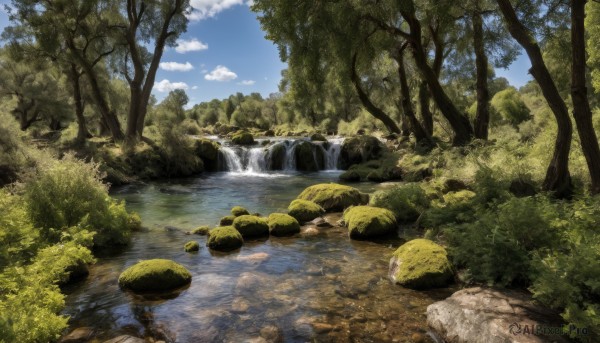 outdoors,sky,day,cloud,water,tree,blue sky,no humans,grass,nature,scenery,forest,rock,bush,river,waterfall,landscape,moss,stream,sunlight,cloudy sky,plant