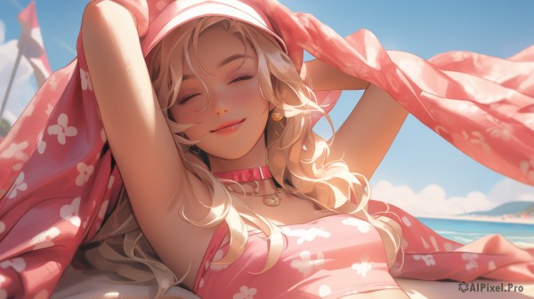 1girl,solo,long hair,breasts,blush,smile,bangs,blonde hair,bare shoulders,jewelry,closed mouth,collarbone,closed eyes,upper body,heart,earrings,small breasts,outdoors,lying,parted lips,sky,teeth,choker,day,artist name,cloud,dark skin,on back,armpits,water,necklace,blurry,arms up,dark-skinned female,blue sky,lips,eyelashes,strapless,makeup,depth of field,blurry background,ocean,umbrella,wavy hair,beach,towel,facing viewer,pink shirt,pink lips,sand,blanket,bandeau,red lips,tube top,shade,red choker,beach umbrella,pink choker,mascara,heart choker,collar,floral print,heart earrings,pink collar