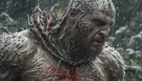 solo,looking at viewer,1boy,upper body,weapon,male focus,outdoors,multiple boys,sword,armor,blurry,blood,facial hair,helmet,shoulder armor,beard,snow,rain,snowing,realistic,closed mouth,dark skin,from side,blurry background,chain,scar,dark-skinned male,mustache,manly