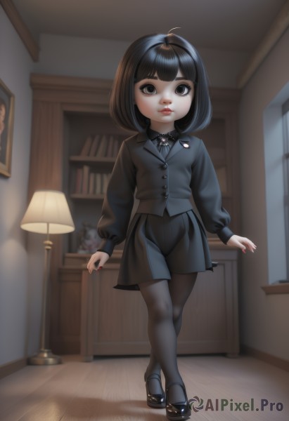 1girl,solo,looking at viewer,short hair,bangs,skirt,shirt,black hair,long sleeves,bow,brown eyes,jewelry,closed mouth,standing,jacket,full body,white shirt,ahoge,pantyhose,pleated skirt,shoes,puffy sleeves,collared shirt,indoors,blunt bangs,black skirt,medium hair,nail polish,black footwear,black eyes,lips,black jacket,fingernails,book,black pantyhose,black shirt,window,black bow,bob cut,crossed legs,aged down,brooch,child,red nails,mary janes,wooden floor,bookshelf,red lips,female child,lamp,shelf