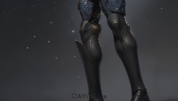 1girl,solo,simple background,thighhighs,standing,thighs,boots,shiny,grey background,star (symbol),black footwear,high heels,gradient,gradient background,thigh boots,black background,star (sky),light particles,close-up,starry sky,shiny clothes,star print,lower body,starry sky print,sparkle print,1boy,male focus,pants,armor,legs apart,leg armor