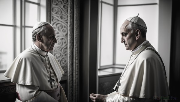 short hair,long sleeves,jewelry,closed mouth,monochrome,upper body,male focus,multiple boys,indoors,2boys,necklace,blurry,looking at another,from side,window,capelet,facial hair,cross,robe,realistic,bald,cross necklace,old,fat,statue,fat man,church,priest,wrinkled skin,black hair,1boy,standing,dark skin,profile,parody,dark-skinned male,very short hair,undercut