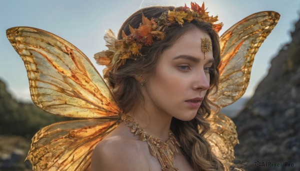 1girl,solo,long hair,looking at viewer,blue eyes,brown hair,hair ornament,bare shoulders,jewelry,upper body,flower,earrings,outdoors,parted lips,wings,day,pointy ears,hair flower,necklace,blurry,lips,depth of field,blurry background,portrait,freckles,circlet,realistic,nose,fairy wings,fairy,head wreath,butterfly wings,yellow wings,closed mouth,sky,signature,from side,blue sky,eyelashes,mountain,gold,laurel crown