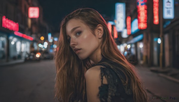 1girl, solo, long hair, looking at viewer, blue eyes, brown hair, jewelry, upper body, earrings, outdoors, looking back, blurry, lips, night, depth of field, blurry background, realistic, nose, road, street, neon lights