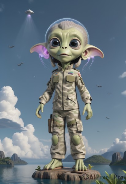 1girl,solo,jewelry,standing,jacket,full body,earrings,outdoors,sky,barefoot,day,pointy ears,pants,cloud,water,uniform,black eyes,blue sky,military,military uniform,colored skin,bird,aircraft,airplane,green skin,camouflage,alien,goblin,looking at viewer,blue eyes,long sleeves,grass,monster girl,tentacle hair,contrail,moss,camouflage jacket