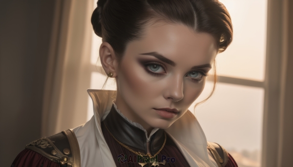 1girl,solo,looking at viewer,short hair,blue eyes,brown hair,black hair,jewelry,closed mouth,earrings,indoors,dark skin,necklace,hair bun,blurry,dark-skinned female,lips,grey eyes,eyelashes,window,makeup,blurry background,single hair bun,lipstick,portrait,eyeshadow,realistic,nose,red lips,mascara,artist name,cross,backlighting,epaulettes,eyeliner