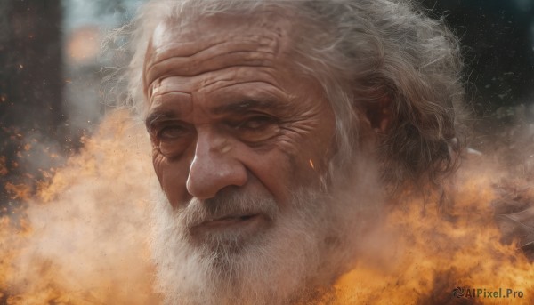 solo,looking at viewer,1boy,closed mouth,white hair,male focus,blurry,grey eyes,facial hair,scar,fire,portrait,beard,scar on face,smoke,realistic,mustache,scar across eye,manly,old,old man,embers,burning,wrinkled skin,grey hair,signature,close-up