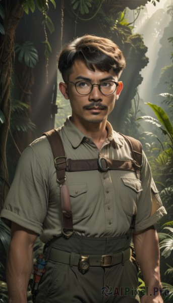 solo,looking at viewer,short hair,brown hair,shirt,black hair,1boy,brown eyes,standing,white shirt,short sleeves,male focus,cowboy shot,outdoors,parted lips,glasses,teeth,day,collared shirt,belt,pants,black eyes,tree,buttons,facial hair,leaf,sunlight,suspenders,plant,nature,grey shirt,beard,forest,black-framed eyewear,pocket,light rays,realistic,round eyewear,mustache,arms at sides,overalls,breast pocket,sunbeam,dappled sunlight,harness,closed mouth,muscular