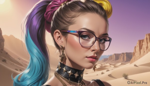 1girl,solo,long hair,looking at viewer,blue eyes,blonde hair,brown hair,hair ornament,jewelry,blue hair,ponytail,purple hair,multicolored hair,earrings,outdoors,parted lips,glasses,choker,necklace,star (symbol),two-tone hair,lips,aqua hair,gradient hair,makeup,chain,black choker,high ponytail,lipstick,portrait,spikes,eyeshadow,black-framed eyewear,realistic,nose,red lips,spiked collar,mascara,desert,k/da (league of legends),green eyes,sky,artist name,collar,eyelashes,scrunchie,forehead,hair scrunchie,sun