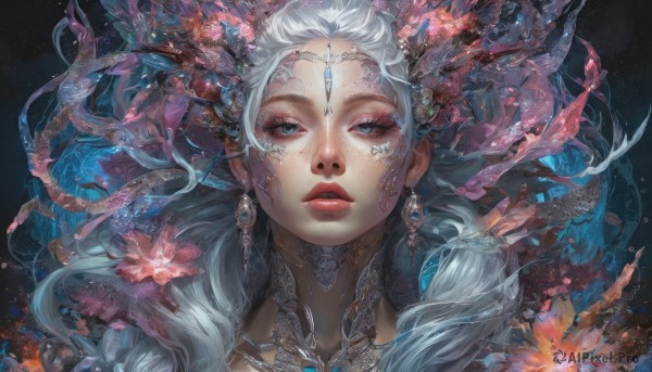 1girl,solo,long hair,looking at viewer,blue eyes,hair ornament,jewelry,flower,white hair,earrings,parted lips,artist name,necklace,lips,eyelashes,makeup,lipstick,gem,portrait,eyeshadow,circlet,realistic,nose,red lips,mascara,choker,pointy ears,hair flower,floating hair,facial mark,half-closed eyes,eyeliner,straight-on,forehead jewel,head chain