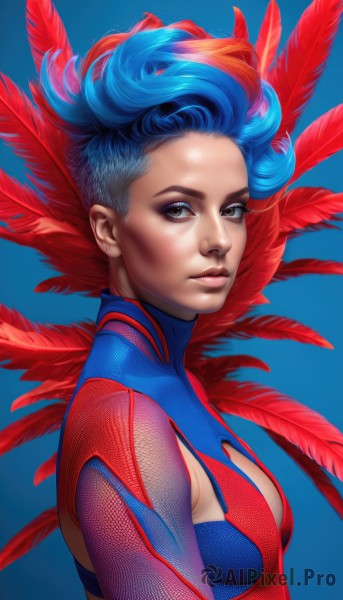 1girl,solo,breasts,looking at viewer,short hair,simple background,brown eyes,jewelry,medium breasts,closed mouth,blue hair,upper body,red hair,multicolored hair,earrings,small breasts,parted lips,from side,two-tone hair,lips,clothing cutout,eyelashes,bodysuit,makeup,blue background,feathers,eyeshadow,realistic,nose,eyeliner,red bodysuit,artist name,turtleneck,cleavage cutout,blue bodysuit