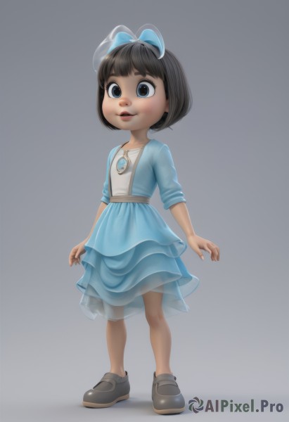 1girl,solo,smile,short hair,open mouth,bangs,skirt,simple background,brown hair,black hair,dress,bow,brown eyes,jewelry,standing,full body,hair bow,parted lips,shoes,blunt bangs,grey background,necklace,black footwear,black eyes,lips,blue skirt,see-through,gradient,gradient background,blue dress,blue bow,child,pendant,female child,looking at viewer,blue eyes,brown footwear