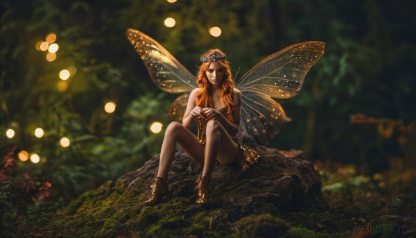 1girl,solo,long hair,breasts,looking at viewer,dress,bare shoulders,jewelry,medium breasts,sitting,outdoors,wings,barefoot,orange hair,blurry,tree,depth of field,blurry background,own hands together,grass,nature,forest,rock,anklet,fairy wings,fairy,head wreath,butterfly wings,blue eyes,cleavage,flower,red hair,artist name,black dress,lips,orange eyes,bare legs,leaf,watermark,sunlight,plant,strapless dress,web address,realistic,bokeh