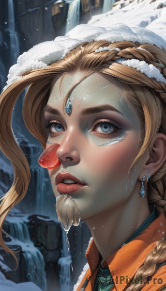 1girl,solo,long hair,looking at viewer,blue eyes,blonde hair,hat,jewelry,braid,earrings,parted lips,teeth,artist name,water,lips,eyelashes,single braid,makeup,gem,portrait,snow,freckles,snowing,realistic,nose,mushroom,winter,waterfall,brown hair,facial mark,strawberry,forehead jewel