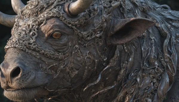 solo,brown eyes,yellow eyes,horns,teeth,from side,no humans,animal,black background,portrait,1other,skull,monster,fake horns,tusks,animal skull,looking at viewer,1boy,jewelry,male focus,artist name,armor,facial hair,chain,helmet,beard,colored sclera,realistic