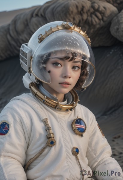 1girl,solo,looking at viewer,short hair,brown hair,brown eyes,upper body,parted lips,blurry,lips,blurry background,helmet,freckles,science fiction,realistic,spacesuit,space helmet,astronaut,bangs,black hair,teeth,zipper,reflection,nose,emblem,space,alien,american flag