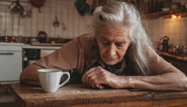 solo,long hair,1boy,jewelry,closed mouth,jacket,closed eyes,upper body,white hair,grey hair,male focus,indoors,necklace,blurry,cup,depth of field,blurry background,facial hair,scar,table,ring,facing viewer,beard,brown jacket,mug,realistic,wedding ring,old,coffee,old man,kitchen,coffee mug,arm hair,counter,old woman,wrinkled skin,smile,shirt