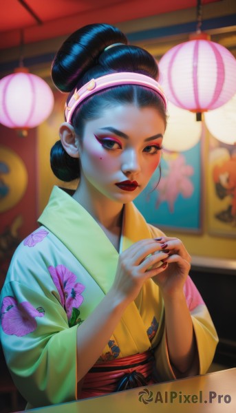 1girl,solo,looking at viewer,blue eyes,black hair,closed mouth,upper body,hairband,japanese clothes,indoors,wide sleeves,kimono,hair bun,nail polish,mole,blurry,black eyes,lips,sash,mole under eye,makeup,blurry background,obi,floral print,single hair bun,own hands together,lipstick,red nails,eyeshadow,yukata,lantern,realistic,red lips,lamp,print kimono,hair pulled back,green kimono,paper lantern,yellow kimono,updo,fingernails,thick eyebrows,black nails,nose