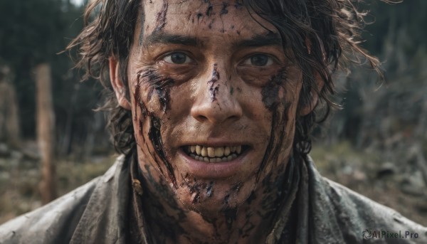 solo,looking at viewer,smile,short hair,blue eyes,brown hair,black hair,1boy,male focus,outdoors,parted lips,teeth,grin,blurry,black eyes,grey eyes,depth of field,blurry background,portrait,realistic,dirty,dirty face,open mouth,close-up