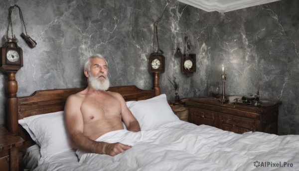 solo,1boy,nipples,white hair,male focus,indoors,pillow,bed,bed sheet,facial hair,on bed,scar,beard,realistic,mustache,blanket,clock,lamp,bald,manly,under covers,old,chest hair,old man,short hair,sitting,grey hair,muscular,phone,pectorals,topless male,mature male