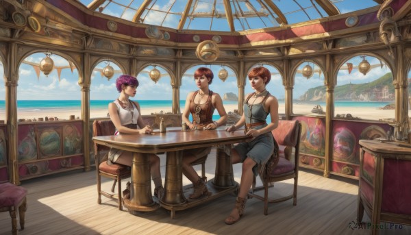 breasts,smile,short hair,multiple girls,brown hair,2girls,bare shoulders,jewelry,sitting,purple hair,red hair,boots,outdoors,multiple boys,sky,shorts,sleeveless,day,cloud,3girls,2boys,water,necklace,looking at another,cup,blue sky,shadow,ocean,chair,beach,brown footwear,sandals,table,tank top,scenery,plate,wooden floor,overalls,watercraft,carpet,cleavage,medium breasts,earrings,bracelet,sunglasses,drinking glass,drinking straw,aircraft,very short hair