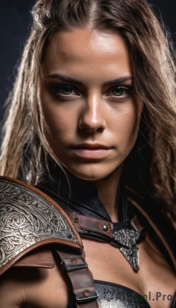 1girl,solo,long hair,breasts,looking at viewer,brown hair,animal ears,cleavage,brown eyes,medium breasts,closed mouth,upper body,dark skin,armor,rabbit ears,dark-skinned female,lips,shoulder armor,portrait,close-up,forehead,pauldrons,realistic,nose,blonde hair,green eyes