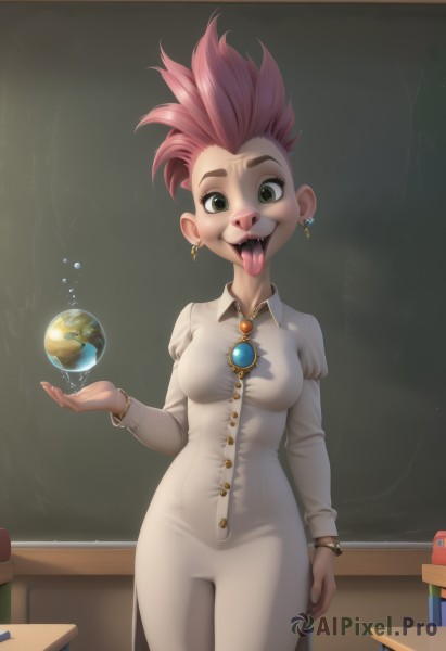 1girl,solo,breasts,looking at viewer,smile,short hair,open mouth,long sleeves,dress,jewelry,medium breasts,green eyes,standing,pink hair,red hair,cowboy shot,earrings,teeth,tongue,puffy sleeves,pants,indoors,tongue out,white dress,bracelet,book,makeup,piercing,spiked hair,juliet sleeves,brooch,gem,desk,watch,white pants,collared dress,classroom,chalkboard,planet,teacher,earth (planet),globe,chalk,artist name,saliva,floating