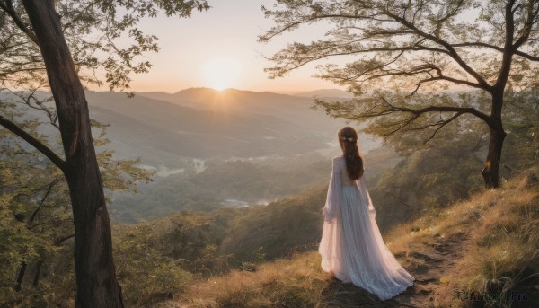 1girl,solo,long hair,brown hair,black hair,long sleeves,dress,standing,outdoors,sky,from behind,white dress,tree,sunlight,grass,nature,scenery,forest,sunset,mountain,long dress,facing away,mountainous horizon,lake,ponytail,sun,wide shot,landscape