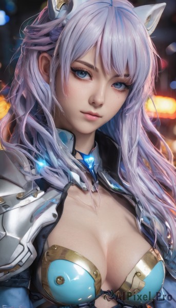 1girl,solo,long hair,breasts,looking at viewer,bangs,blue eyes,animal ears,cleavage,medium breasts,closed mouth,collarbone,upper body,grey hair,artist name,signature,armor,blurry,lips,eyelashes,blurry background,fake animal ears,headgear,watermark,shoulder armor,freckles,realistic,nose,large breasts,hair ornament,cat ears,makeup,depth of field,expressionless,gem,pauldrons,shoulder pads,bokeh