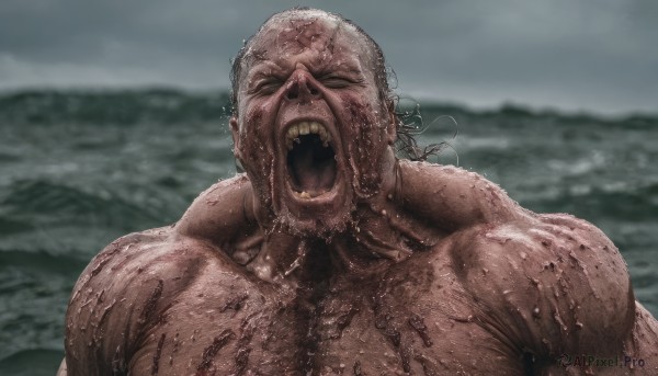 solo,open mouth,1boy,closed eyes,upper body,male focus,outdoors,sky,teeth,cloud,water,blurry,wet,muscular,blurry background,ocean,parody,cloudy sky,facing viewer,realistic,bald,manly,grey sky,tongue,muscular male,veins,topless male,uvula