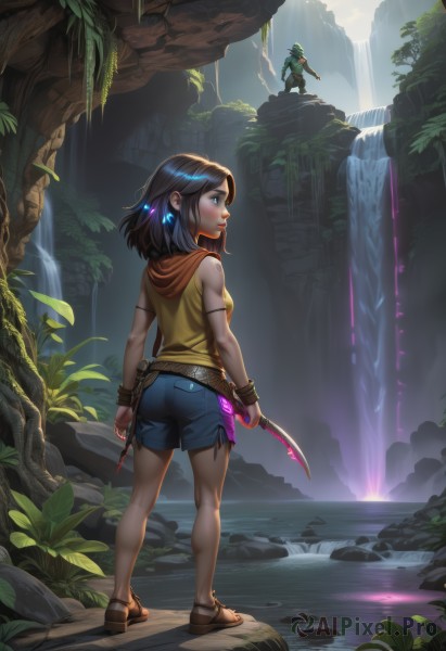 1girl,breasts,blush,short hair,blue eyes,brown hair,shirt,black hair,1boy,holding,bare shoulders,jewelry,standing,full body,weapon,ass,earrings,small breasts,outdoors,shorts,sleeveless,solo focus,day,belt,sword,dark skin,hood,medium hair,water,from behind,holding weapon,bracelet,tree,lips,short shorts,sleeveless shirt,hoodie,glowing,leaf,brown footwear,sandals,sunlight,hood down,knife,plant,wristband,sheath,nature,forest,dual wielding,blue shorts,pouch,rock,fantasy,holding knife,dagger,belt pouch,river,waterfall,holding dagger,tunic,cliff,cave,moss,hat,blood,profile,looking away,denim,gem,armband,armlet,denim shorts,facepaint,reverse grip