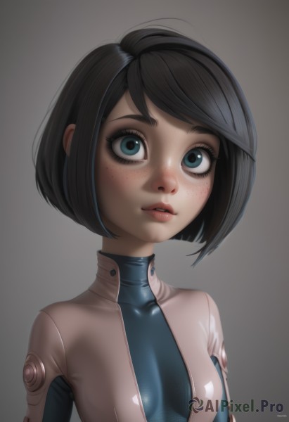 1girl,solo,breasts,looking at viewer,short hair,bangs,blue eyes,simple background,black hair,upper body,small breasts,parted lips,shiny,artist name,signature,grey background,lips,gradient,gradient background,eyelashes,bodysuit,makeup,swept bangs,turtleneck,bob cut,skin tight,freckles,shiny clothes,nose,collarbone,teeth,watermark,web address,zipper,latex