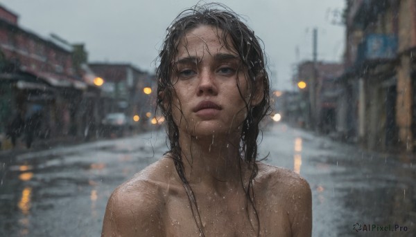 1girl, solo, long hair, looking at viewer, black hair, upper body, nude, outdoors, parted lips, blurry, black eyes, lips, wet, depth of field, blurry background, building, messy hair, freckles, rain, realistic, road, wet hair, street