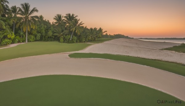 outdoors,sky,cloud,tree,no humans,grass,plant,nature,scenery,sunset,palm tree,road,bush,evening,gradient sky,orange sky,ocean,beach,cloudy sky,sand,sun,horizon,hill