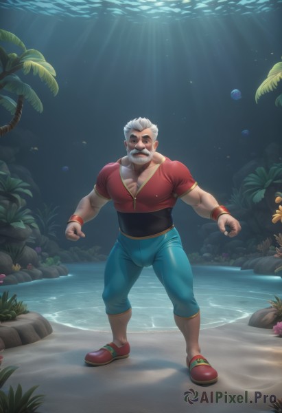 solo,looking at viewer,smile,short hair,shirt,1boy,standing,full body,white hair,grey hair,male focus,shoes,pants,water,tree,muscular,facial hair,ocean,scar,beach,thick thighs,thick eyebrows,pectorals,muscular male,wristband,red footwear,red shirt,bara,beard,scar on face,clenched hands,fish,large pectorals,bulge,rock,mature male,underwater,mustache,sand,palm tree,tight,old,old man,pectoral cleavage,wrinkled skin,thighs,bubble,leggings,male swimwear