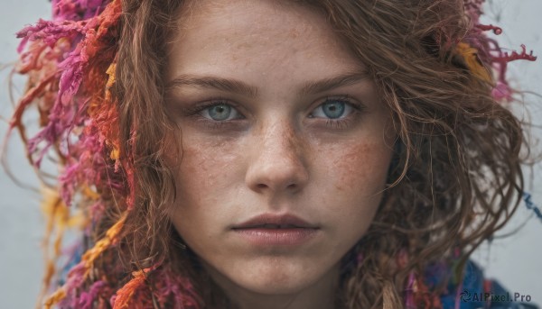 1girl, solo, long hair, looking at viewer, blue eyes, brown hair, hair ornament, closed mouth, flower, parted lips, grey background, blurry, lips, eyelashes, portrait, close-up, freckles, realistic