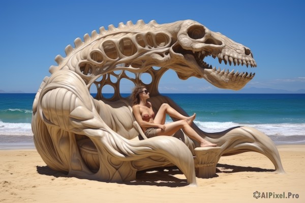 1girl,solo,long hair,breasts,large breasts,brown hair,black hair,cleavage,medium breasts,sitting,swimsuit,bikini,outdoors,sky,shorts,barefoot,teeth,day,water,blue sky,ocean,beach,red bikini,skull,sand,reclining,skeleton,bare legs,shadow,fine art parody