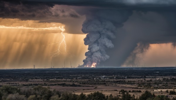 outdoors,sky,cloud,water,tree,no humans,ocean,sunlight,cloudy sky,building,nature,scenery,forest,smoke,light rays,horizon,watercraft,giant,ship,lightning,landscape,1girl,solo,standing,fire,fantasy,sunbeam