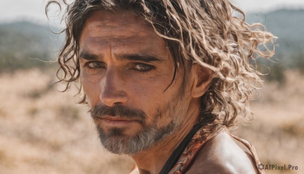 solo,looking at viewer,black hair,1boy,brown eyes,closed mouth,male focus,outdoors,armor,blurry,black eyes,looking to the side,depth of field,blurry background,facial hair,messy hair,portrait,beard,curly hair,realistic,mustache,brown hair,day,dark skin,lips,scar