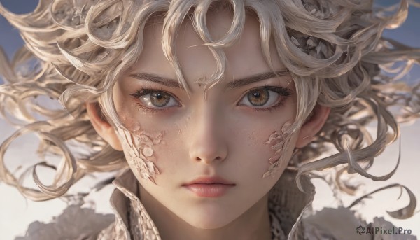 1girl,solo,looking at viewer,short hair,blonde hair,brown eyes,closed mouth,white hair,blurry,lips,eyelashes,floating hair,wind,portrait,close-up,freckles,realistic,scales,bangs,yellow eyes,tattoo,depth of field,wavy hair,expressionless,messy hair,curly hair,nose,straight-on