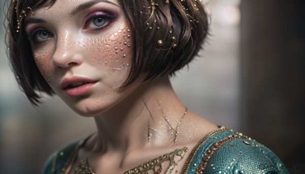 1girl,solo,looking at viewer,short hair,blue eyes,brown hair,hair ornament,jewelry,parted lips,necklace,blurry,lips,grey eyes,eyelashes,makeup,depth of field,blurry background,lipstick,portrait,close-up,eyeshadow,freckles,realistic,nose,scales,black hair,collarbone,eyeliner,mascara