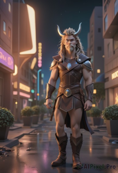 solo,long hair,looking at viewer,blue eyes,blonde hair,1boy,standing,full body,white hair,male focus,boots,outdoors,horns,sky,belt,artist name,armor,blurry,muscular,night,facial hair,scar,brown footwear,knee boots,plant,muscular male,ground vehicle,shoulder armor,building,night sky,bara,motor vehicle,beard,reflection,pauldrons,breastplate,city,mature male,car,road,street,brown hair,animal ears,medium hair,furry,walking,cow ears,potted plant,cow horns,bracer,furry male,leather,lamppost,skyscraper,city lights