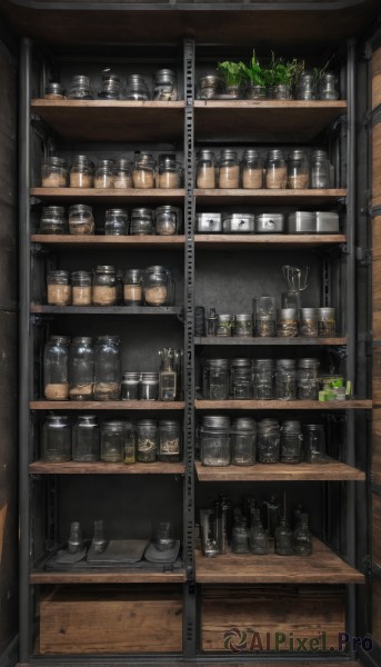 indoors,cup,no humans,bottle,plant,scenery,alcohol,drinking glass,wooden floor,glass,shelf,jar,still life,potted plant,shop,counter