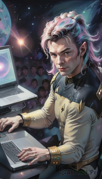 solo,long hair,looking at viewer,blue eyes,long sleeves,1boy,sitting,closed mouth,blue hair,jacket,pink hair,male focus,multicolored hair,solo focus,belt,pants,artist name,medium hair,uniform,two-tone hair,lips,military,military uniform,science fiction,realistic,nose,space,computer,monitor,planet,laptop,keyboard (computer),blonde hair,ponytail,multiple boys,wrinkled skin