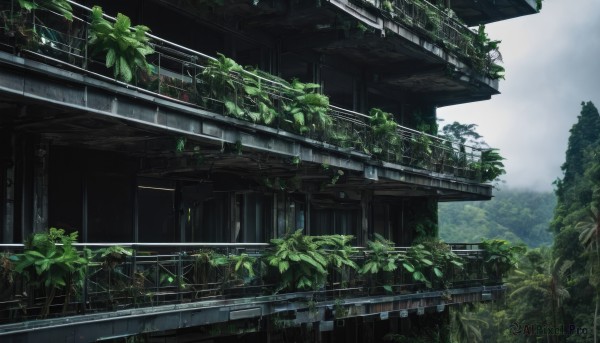 outdoors,sky,day,cloud,tree,no humans,window,leaf,cloudy sky,plant,building,nature,scenery,forest,stairs,railing,architecture,ruins,vines,bridge,moss,overgrown