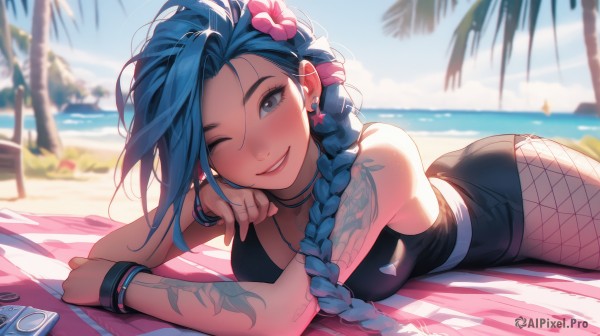 jinx (league of legends),1girl,solo,long hair,breasts,looking at viewer,blush,smile,bangs,blue eyes,hair ornament,cleavage,bare shoulders,jewelry,medium breasts,very long hair,blue hair,swimsuit,ass,braid,flower,pantyhose,earrings,outdoors,lying,parted lips,one eye closed,sky,teeth,alternate costume,day,artist name,hair flower,water,necklace,nail polish,grin,blurry,twin braids,bracelet,tree,blue sky,lips,one-piece swimsuit,grey eyes,bare arms,single braid,tattoo,depth of field,blurry background,ocean,beach,on stomach,towel,fishnets,hair over shoulder,pink flower,braided ponytail,palm tree,black one-piece swimsuit,bangle,fishnet pantyhose,hibiscus,arm tattoo,shoulder tattoo,beach towel,bikini,shorts,shiny,cloud,shiny hair,phone,black shorts,sunlight,red flower,sand,earphones,digital media player,earbuds